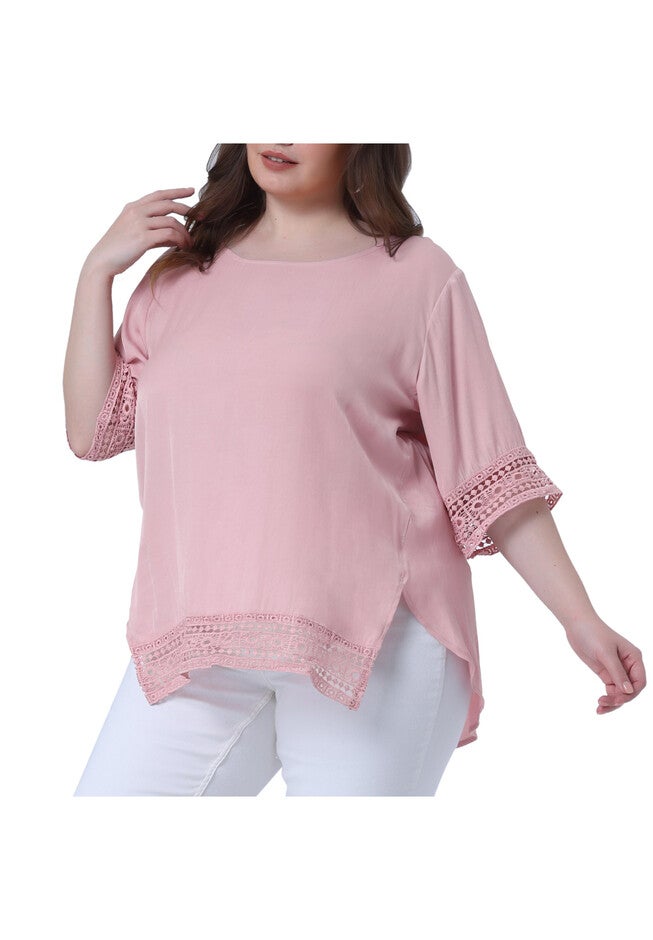 Crewneck Lace Crochet Short Sleeve Casual Loose Top, Light Pink / Pink, alternate image number 1