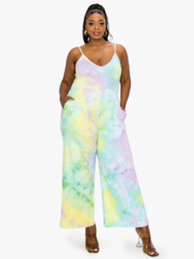 TIE DYE CAMI NECK WIDE LEGGED POCKET JUMPSUIT, LavenderMintBanana TD / Lilac, hi-res image number null