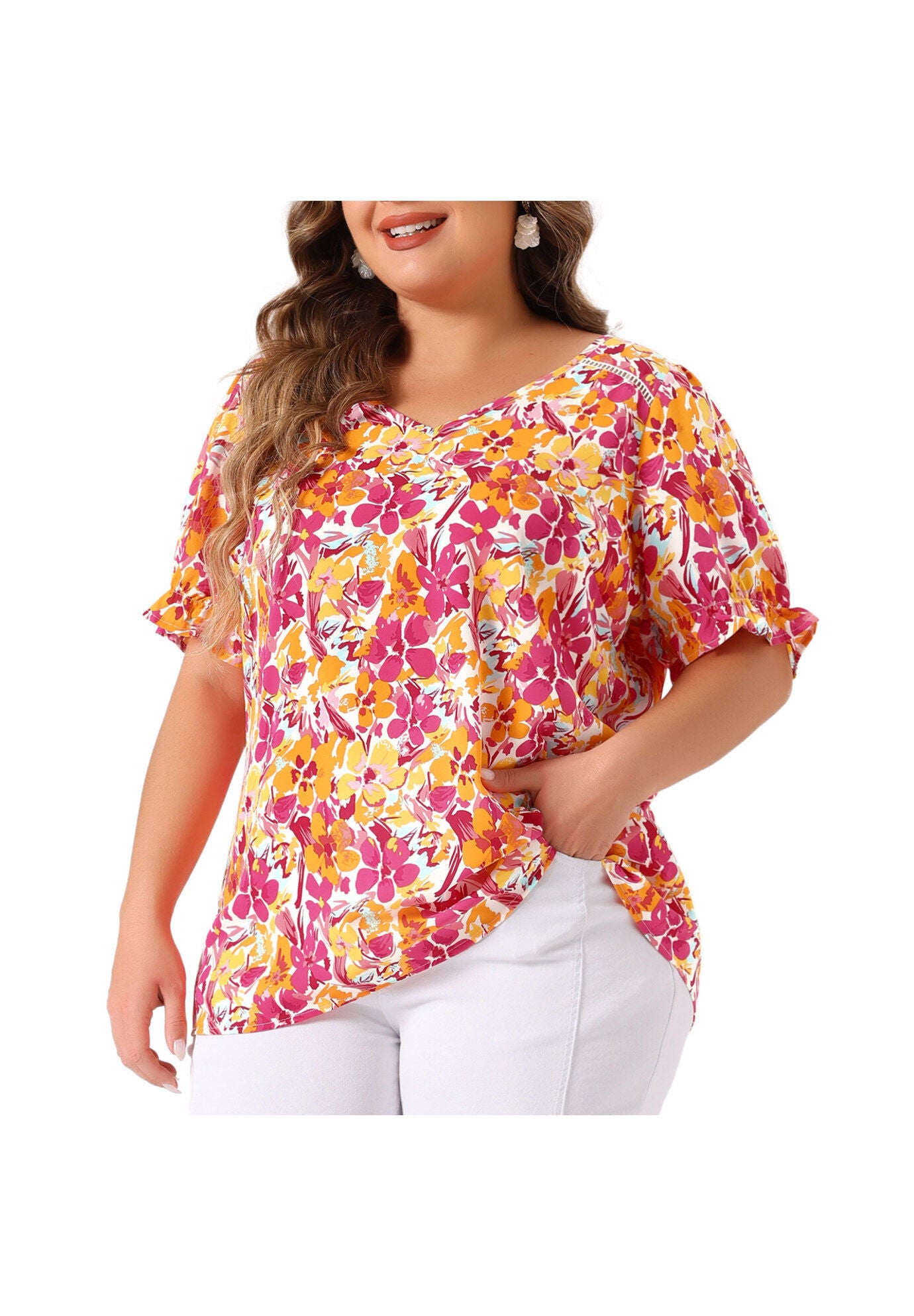 V Neck Ruffle Short Sleeve Chic Summer Blouses, Pink / Pink, alternate image number 1