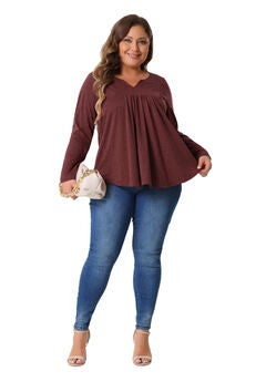 Notched Neck Long Sleeve Front Pleated Blouse