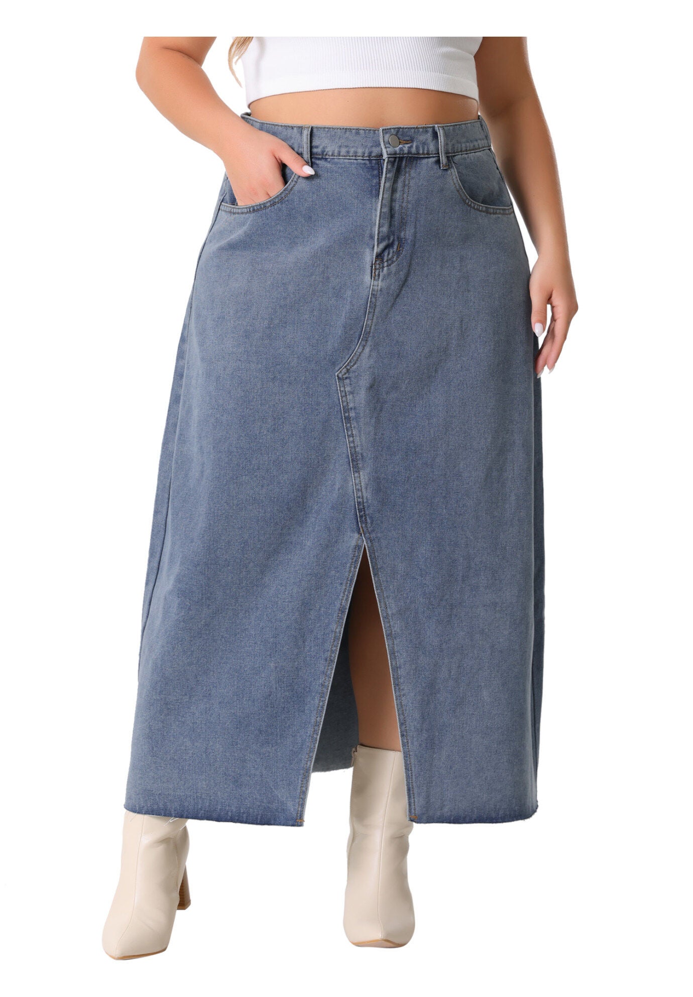 Denim Frayed Raw Hem High Waist Front Slit Long Jean Maxi Skirt, Gray Blue / Dusty Blue, alternate image number 4