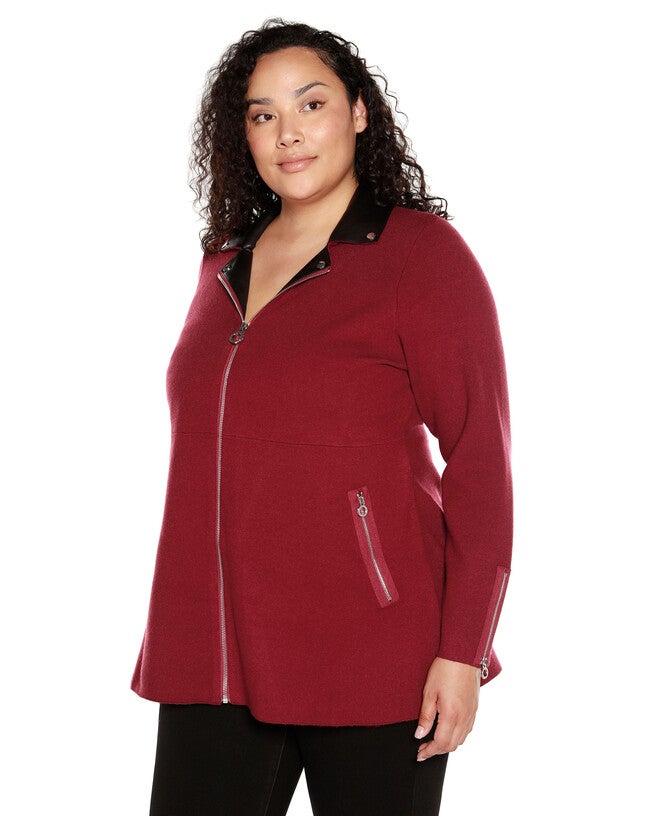 FAUX-LEATHER COLLARED SWEATER JACKET, Cranberry / New Wine, alternate image number 2