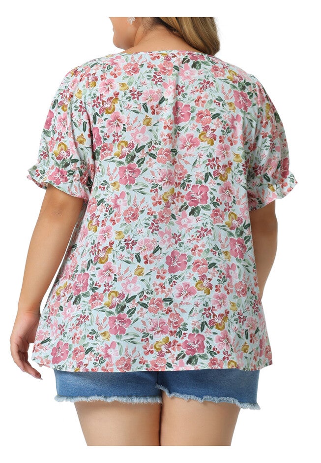 V Neck Ruffle Short Sleeve Chic Summer Blouses, Green / Mint, alternate image number 3