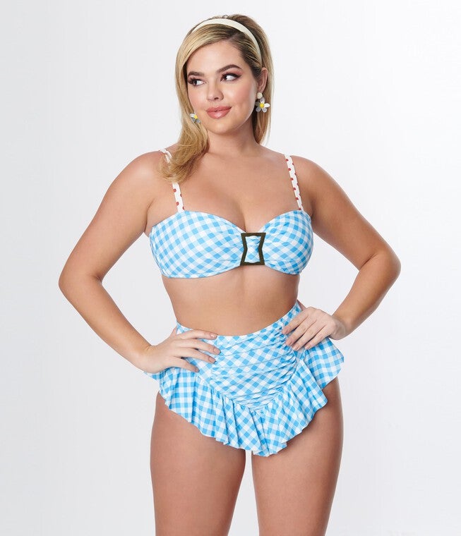 Unique Vintage Blue Gingham Ruffle High Waist Swim Bottom, Blue Gingham / Light Blue, alternate image number null