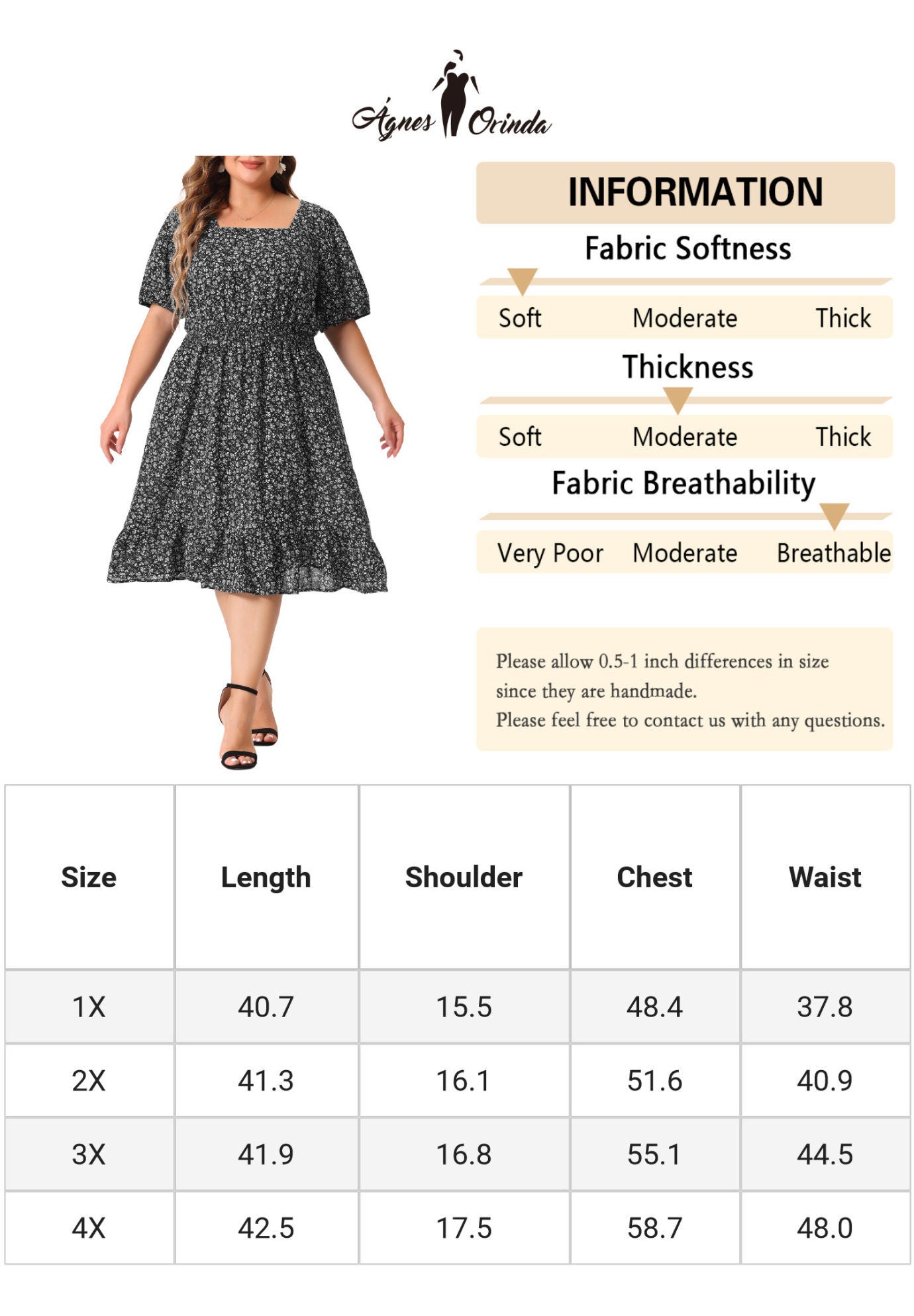 SHORT SLEEVE SQUARE NECK ELASTIC WAIST FLORAL DRESS, Black White / Black, alternate image number 4