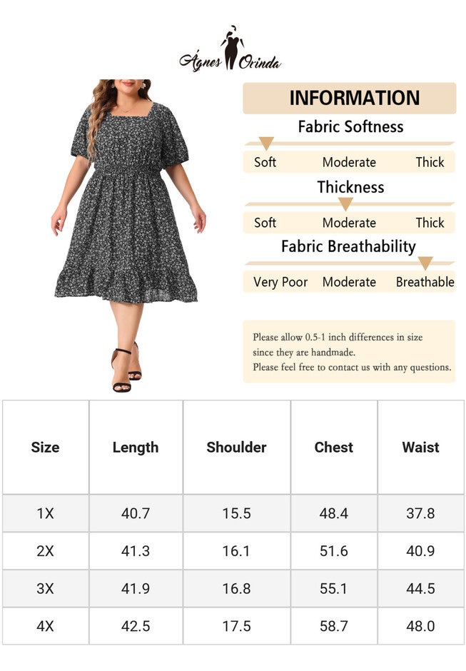 SHORT SLEEVE SQUARE NECK ELASTIC WAIST FLORAL DRESS, Black White / Black, alternate image number 4