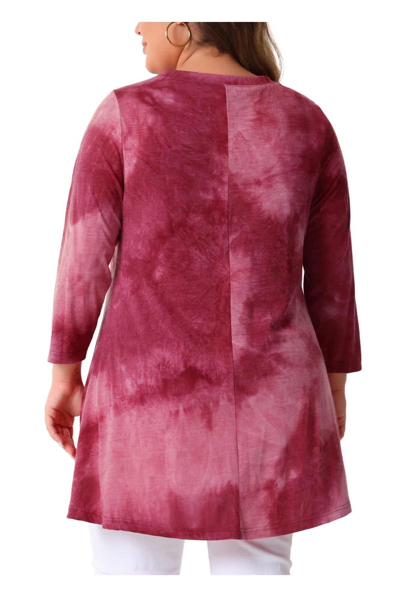 Tie Dye Crew Neck 3/4 Sleeve High Low Tunic Top Tee Shirt, Burgundy / Red, alternate image number 3