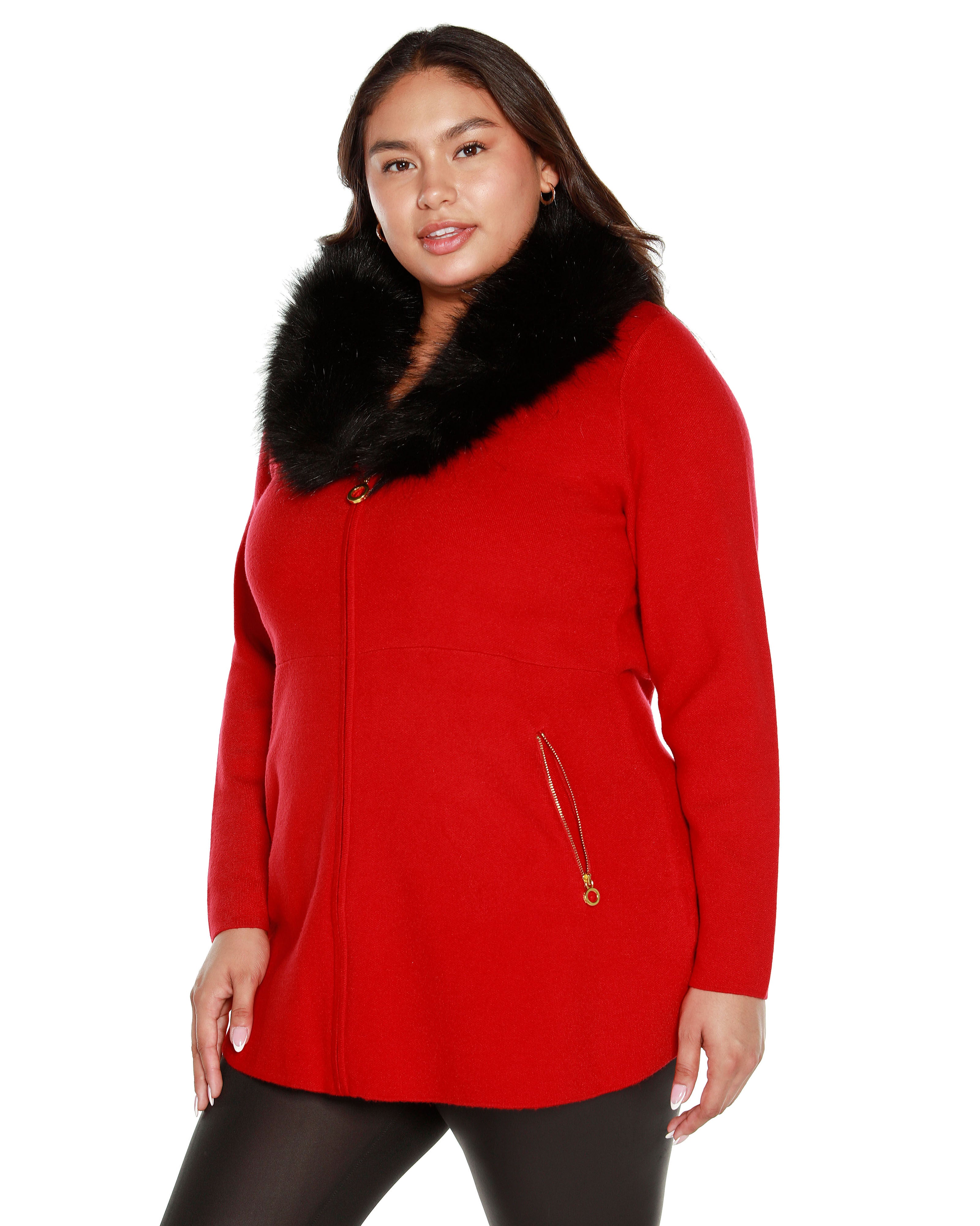 FAUX FUR COLLAR CARDIGAN, Belldini Red / Red, alternate image number 2