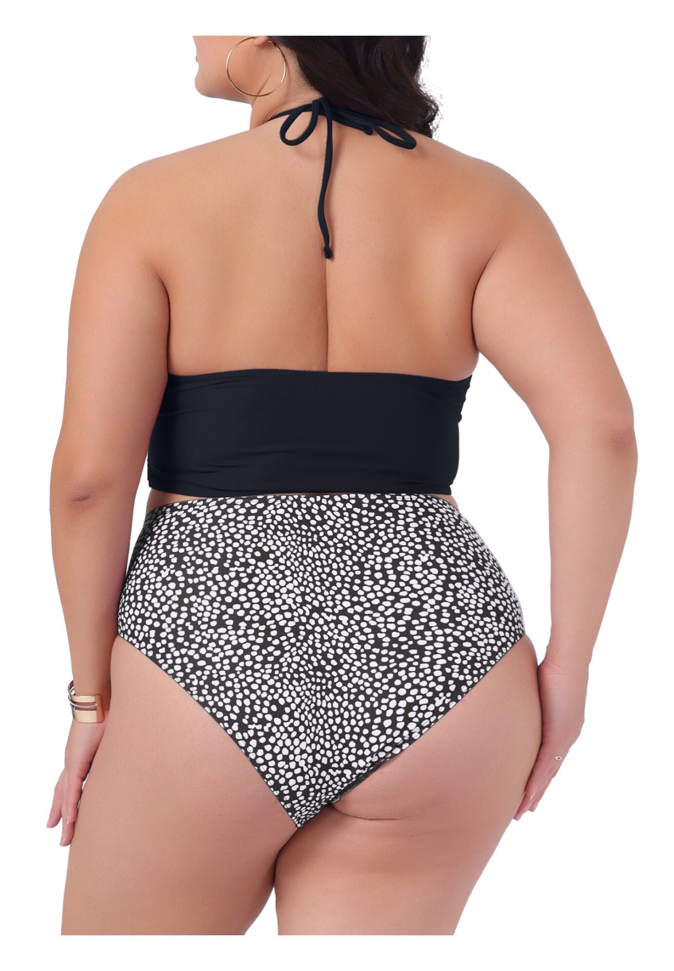 2 Piece Halter Ruched Polka Dots Solid High Waisted Swimsuit Set, Black White / White, alternate image number 1