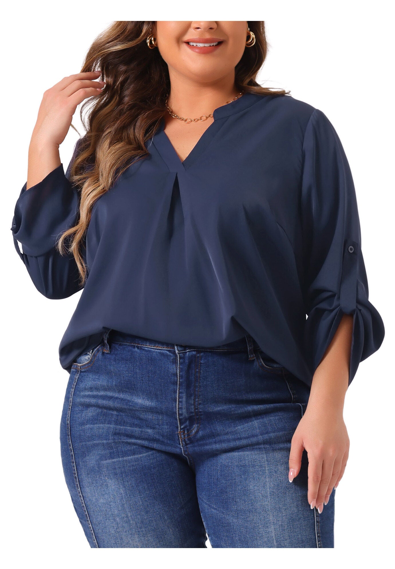 V Neck Rolled Up Sleeves Pleated Back Shirt Chiffon Top, Navy Blue / Navy, alternate image number 2