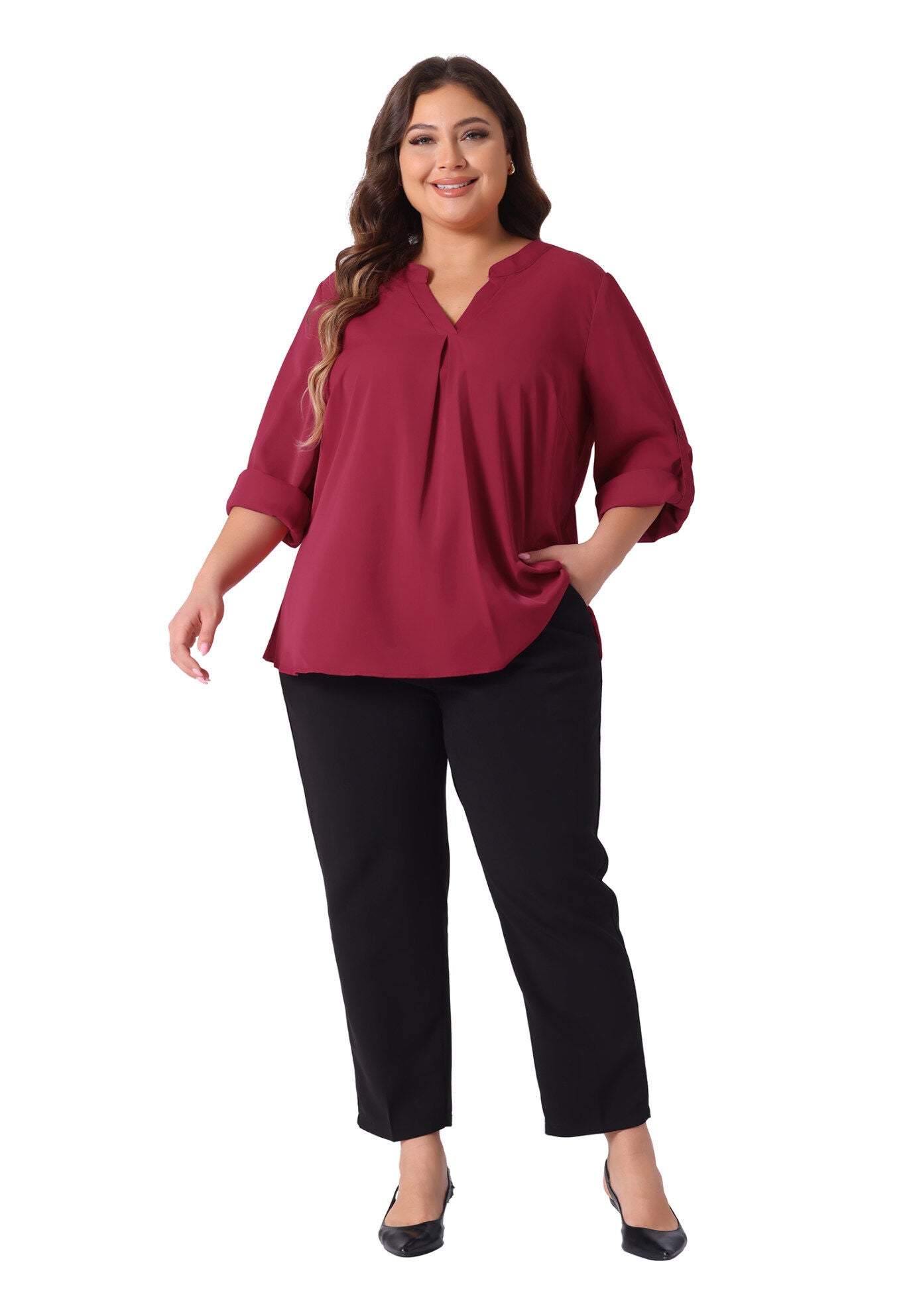 V Neck Rolled Up Sleeves Pleated Back Shirt Chiffon Top, Burgundy / Burgundy, hi-res image number 0