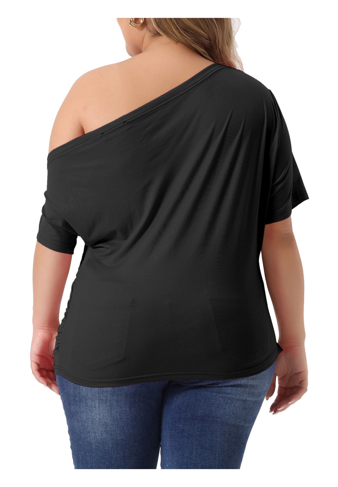 ONE SHOULDER SHORT SLEEVE RUCHED TOP, Black / Black, alternate image number 3