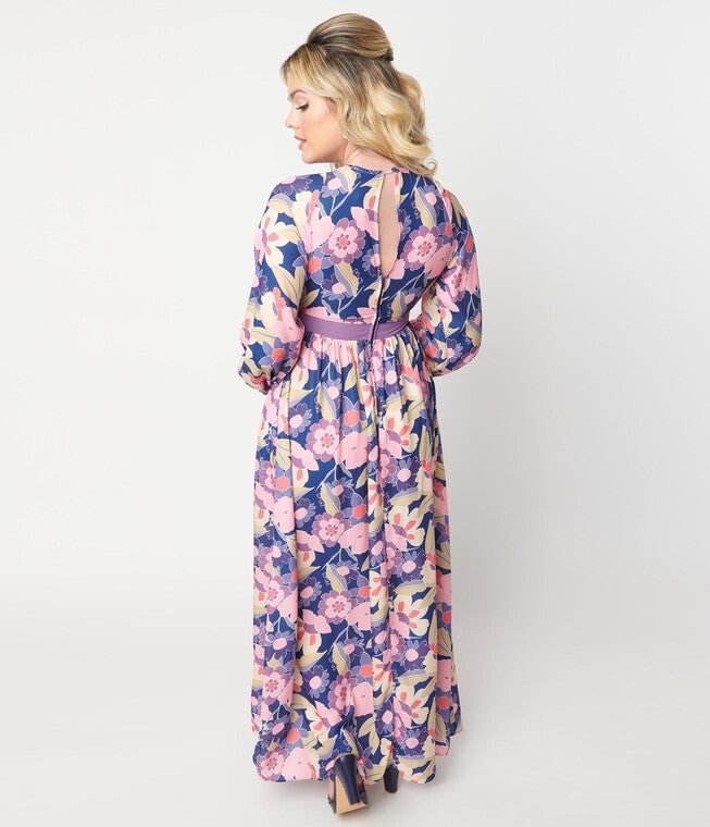 Unique Vintage Navy & Purple Floral Print Buttercup Maxi Dress, Floral Blue Purple / Purple, alternate image number 3