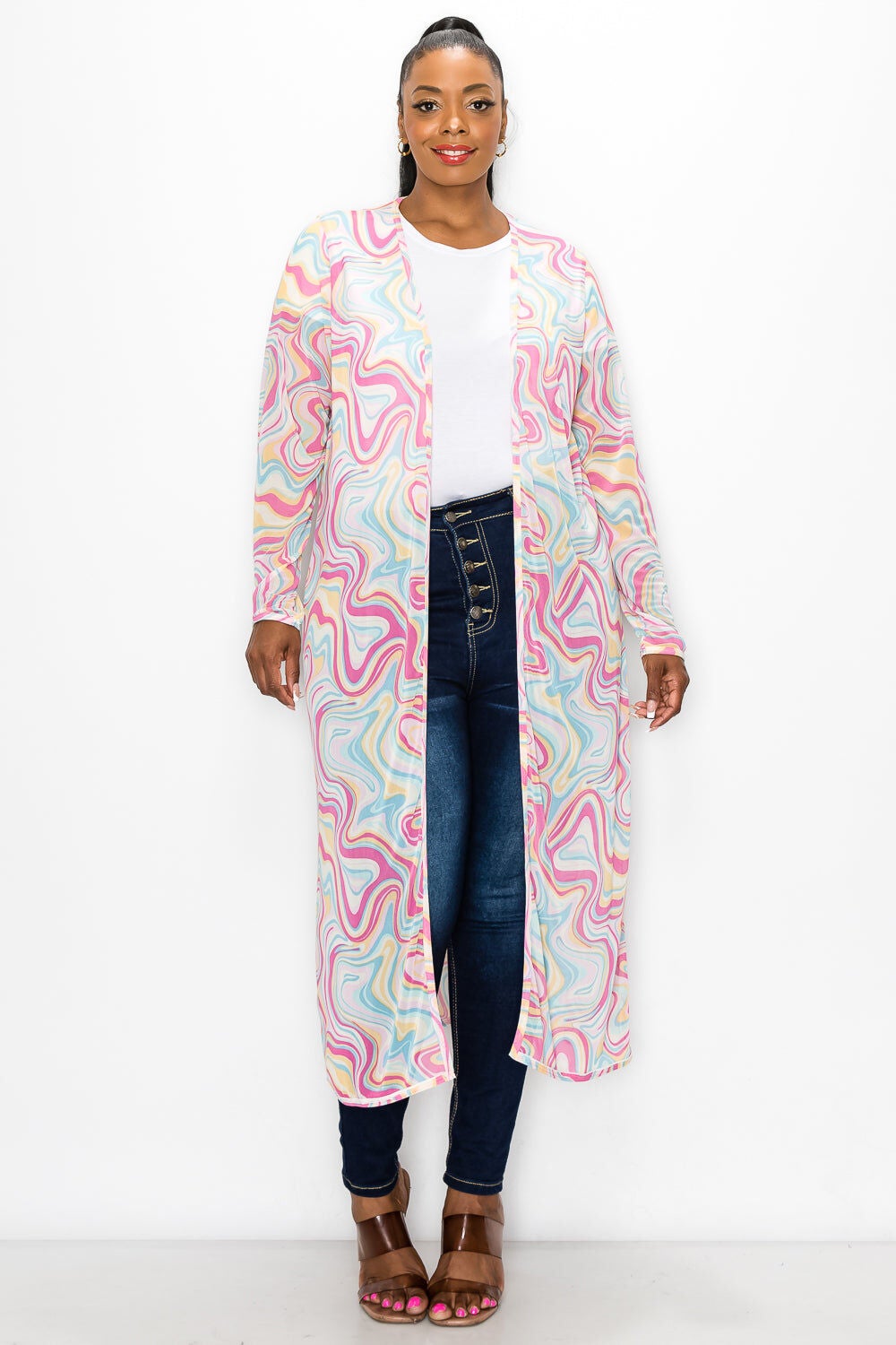 MEGAN SWIRL PRINT MESH CARDIGAN, CandySky Blue / Light Blue, alternate image number 1