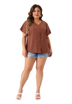 V Neck Button Short Sleeve Floral Blouse