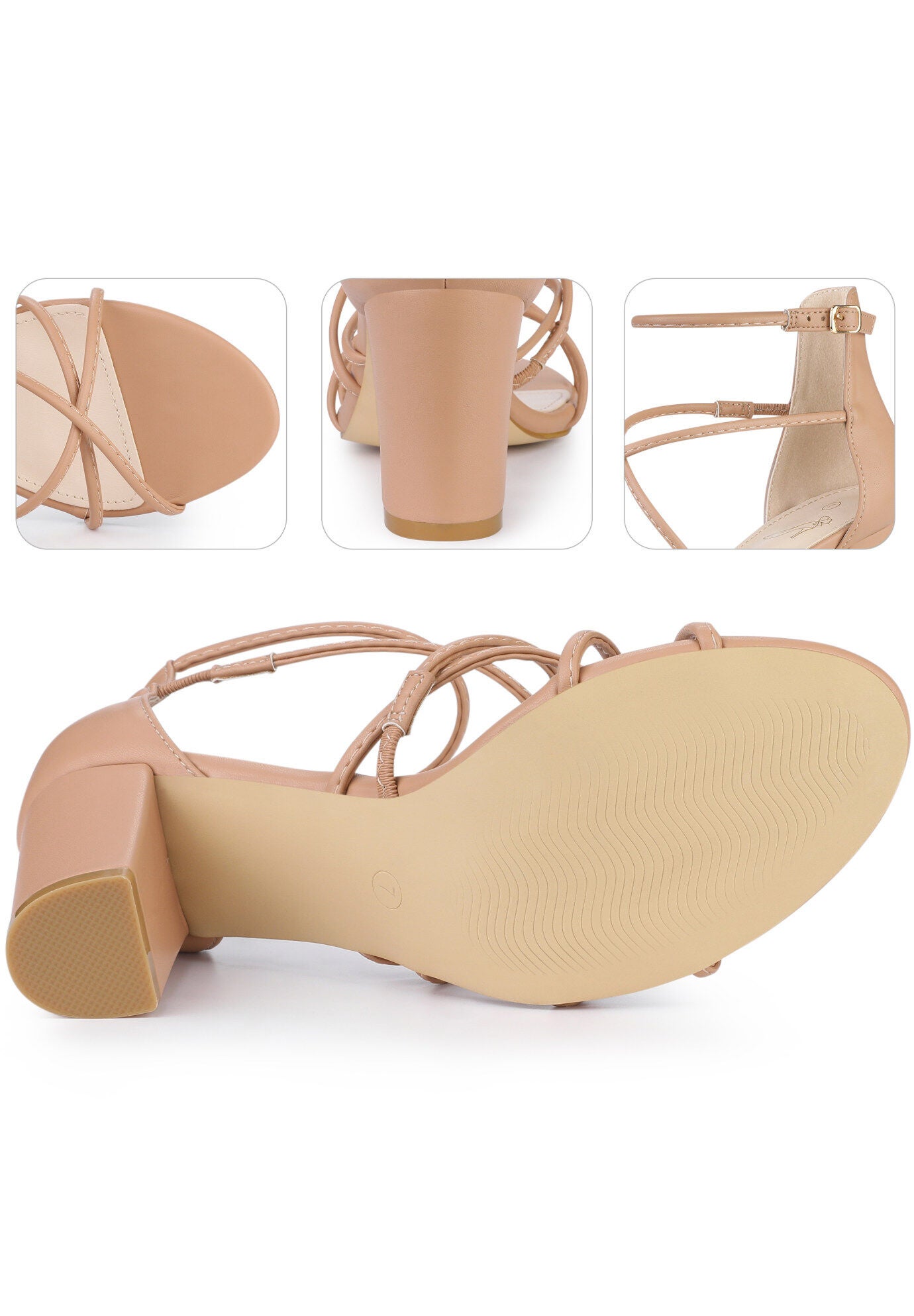 Crisscross Strappy Strap Chunky Heels Sandals, Nude / Tan, alternate image number 3