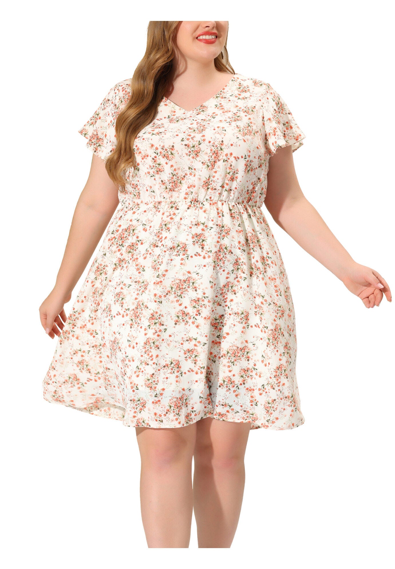 Summer V Neck Flare Sleeve Peplum Midi Ruffle Dress, Beige / Beige, alternate image number 3