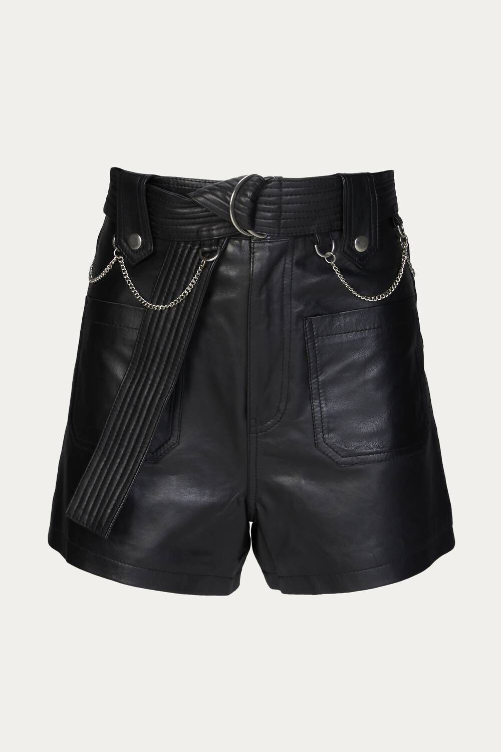 Belted Leather Shorts In Black, , alternate image number 1