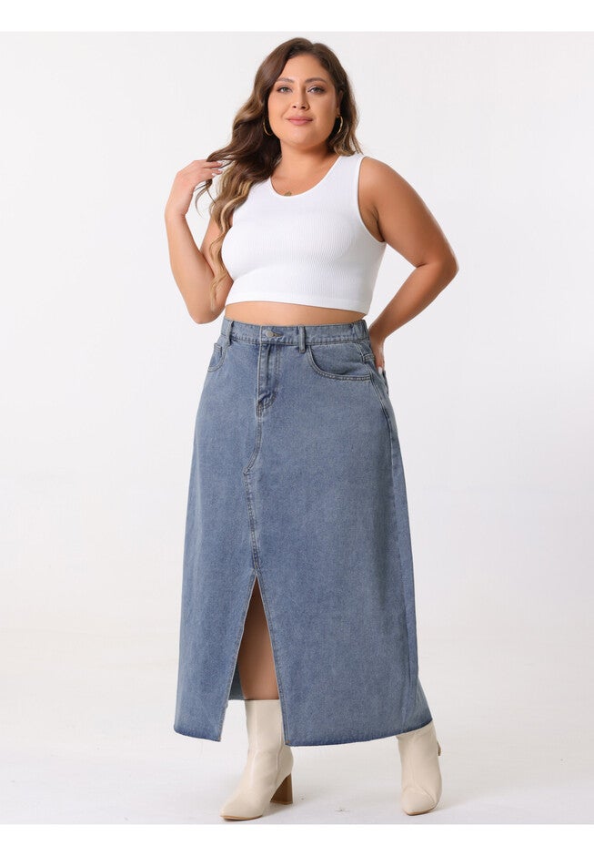 Denim Frayed Raw Hem High Waist Front Slit Long Jean Maxi Skirt, Gray Blue / Dusty Blue, hi-res image number 0