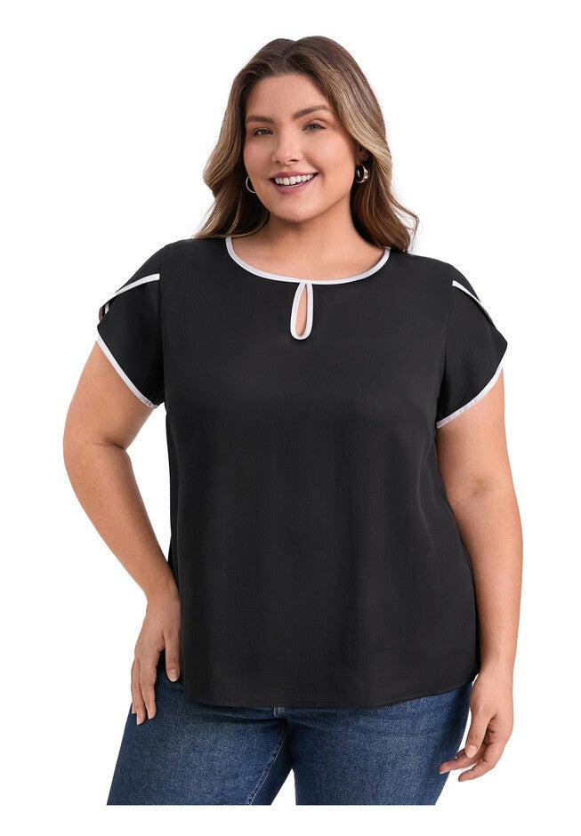 Keyhole Crew Neck Tulip Sleeve Contrasting Colors Casual Blouse, Black / Black, hi-res image number 0