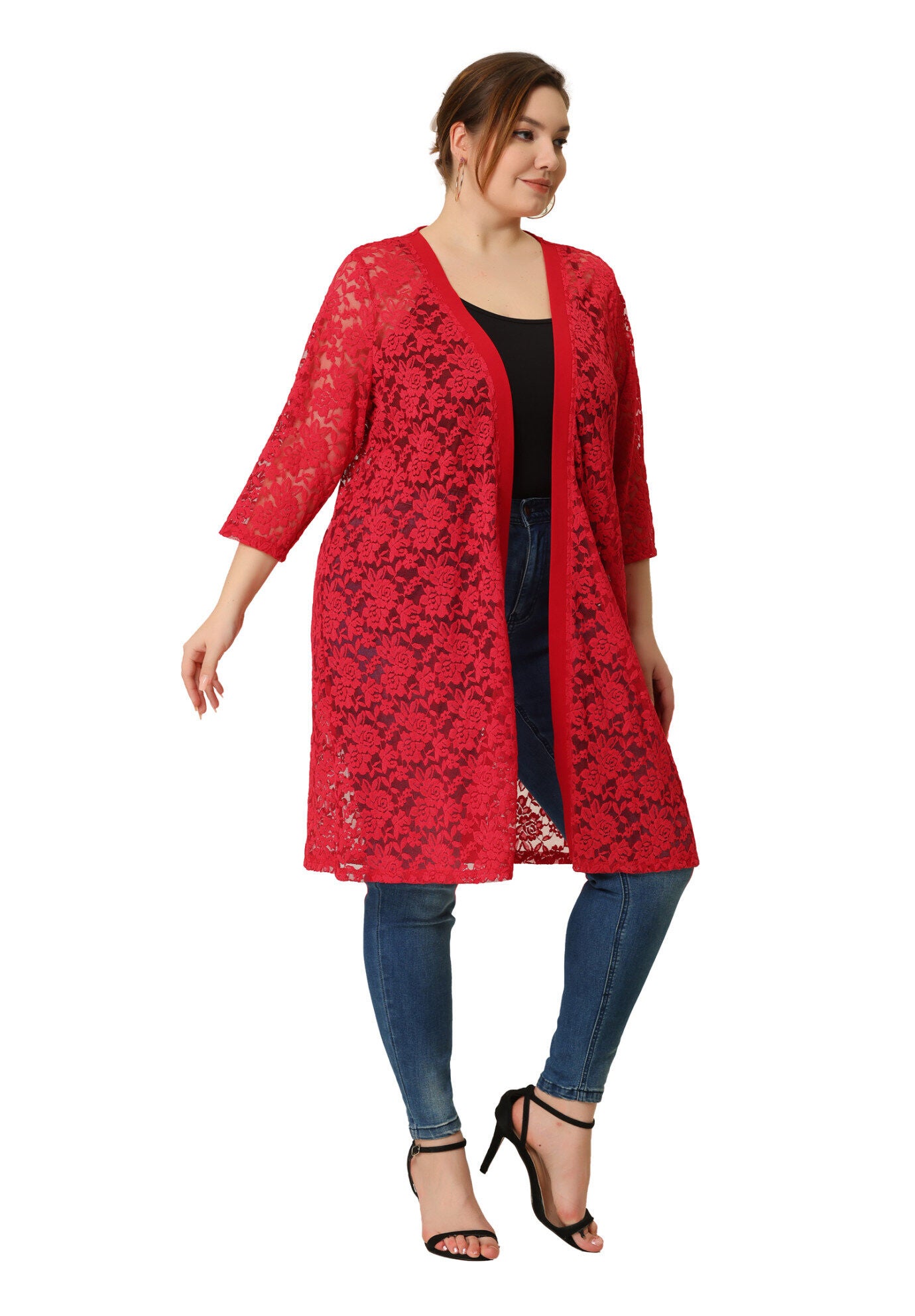 LACE CROCHET 3/4 SLEEVE COVER UP CARDIGAN, Red / Red, alternate image number 2