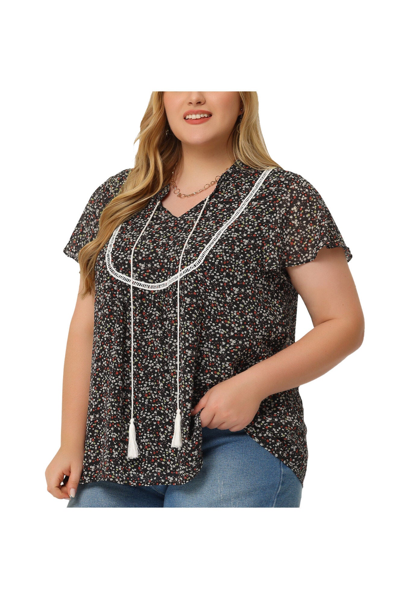 Floral Printed Bib Peasant Blouse Tie Neck Keyhole Boho Top, Black / Black, alternate image number 1