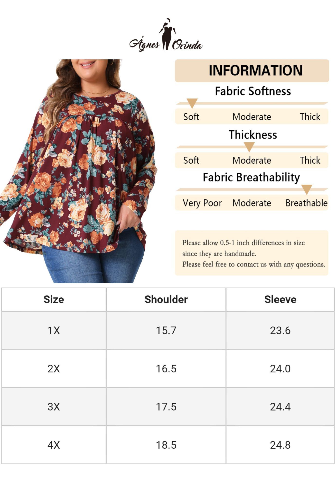 Long Sleeve Tunic Pleated Crew Neck Blouse, Burgundy / Red, alternate image number 4