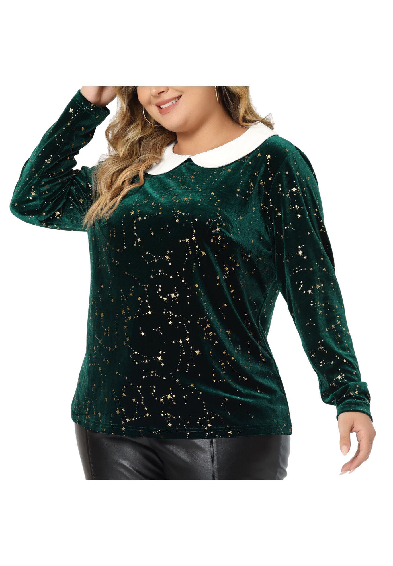 Peter Pan Long Sleeve Vintage Star Print Doll Collar Velvet Top, Green / Forest Green, alternate image number 1