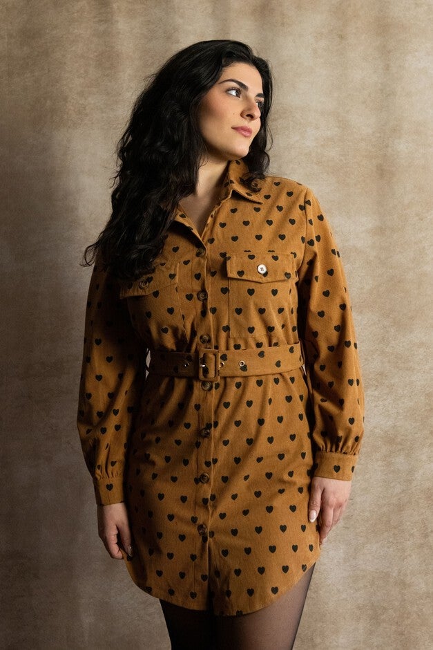 Annick - Stephanie Shirt Tunic- Mini Dress Corduroy Heart Print Belt, Brown / Brown, alternate image number 1