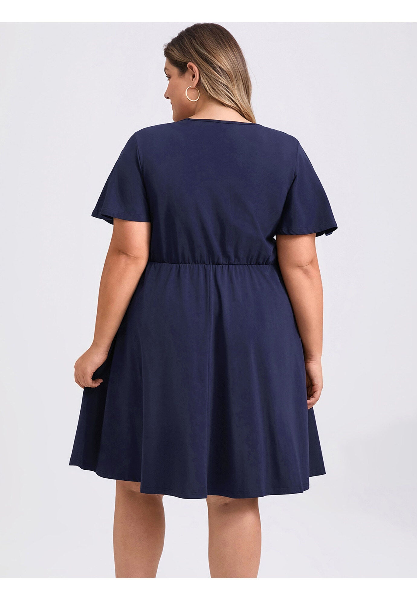Summer V Neck Ruffle Sleeve Pleated Swing A-Line Dress, Navy Blue / Navy, alternate image number 2
