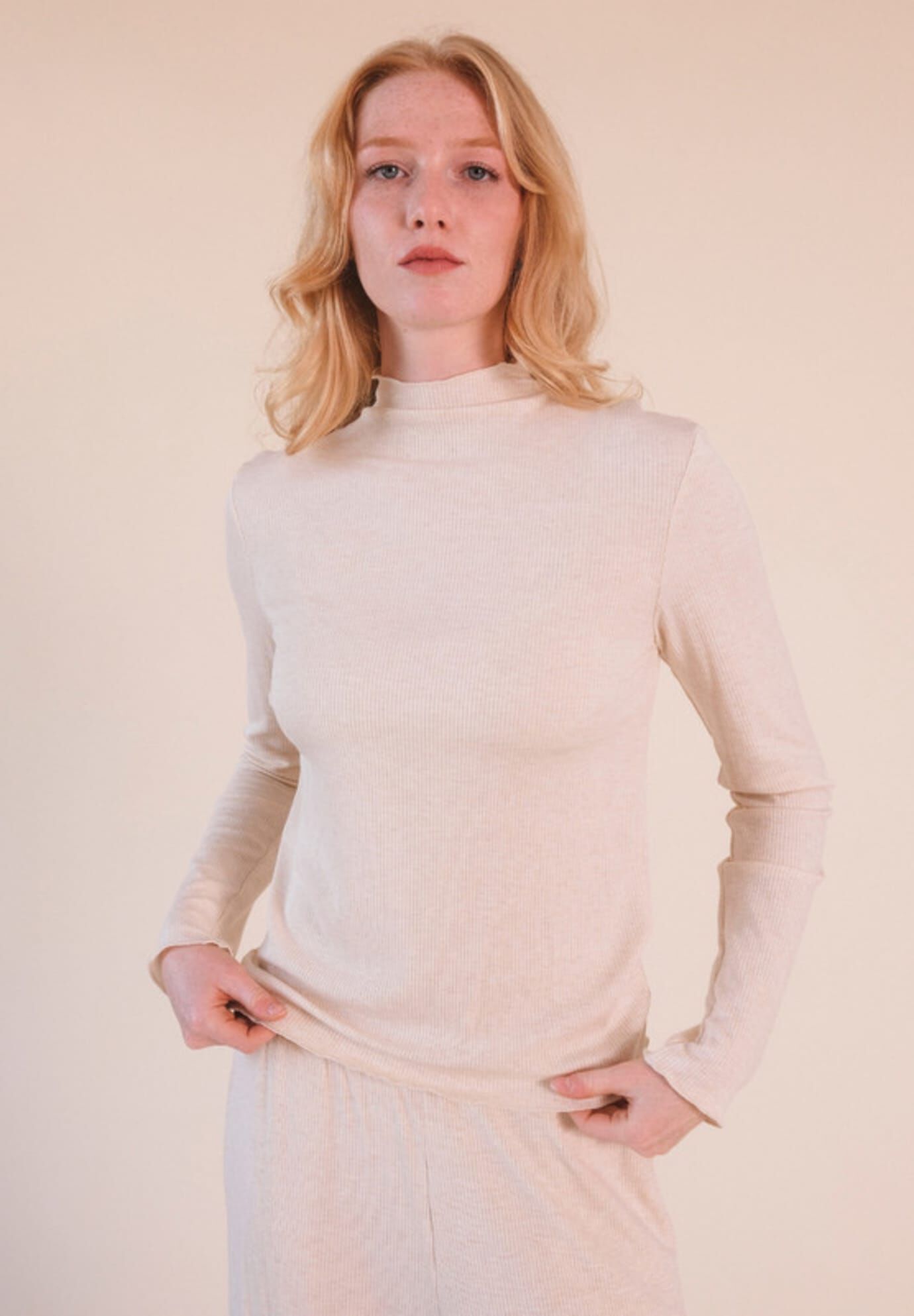 Norma Modal Ribbed Turtleneck, Heather Almond / Beige, alternate image number 3