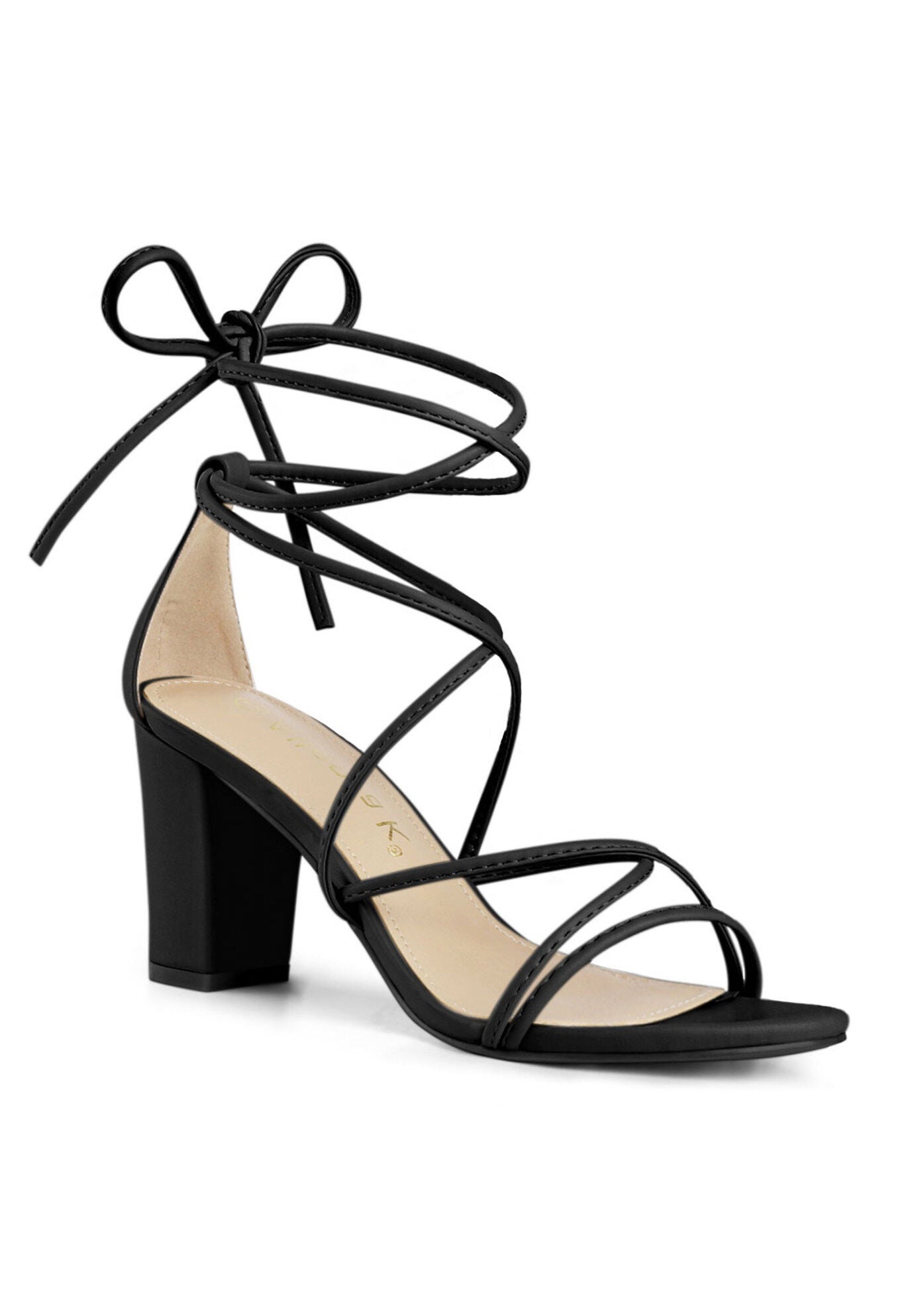 Strappy Lace Up Chunky Heeled Heels Sandals, Black / Black, hi-res image number 0