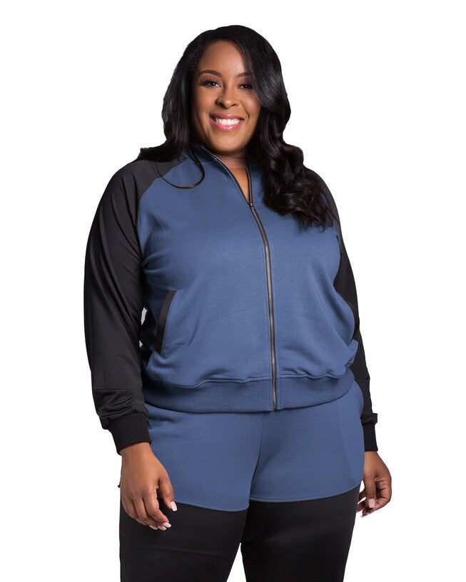 Billie Women's Plus Size Zip Up Conrast Blocked Sweatshirt Jacket, French Navy / Navy, hi-res image number 0