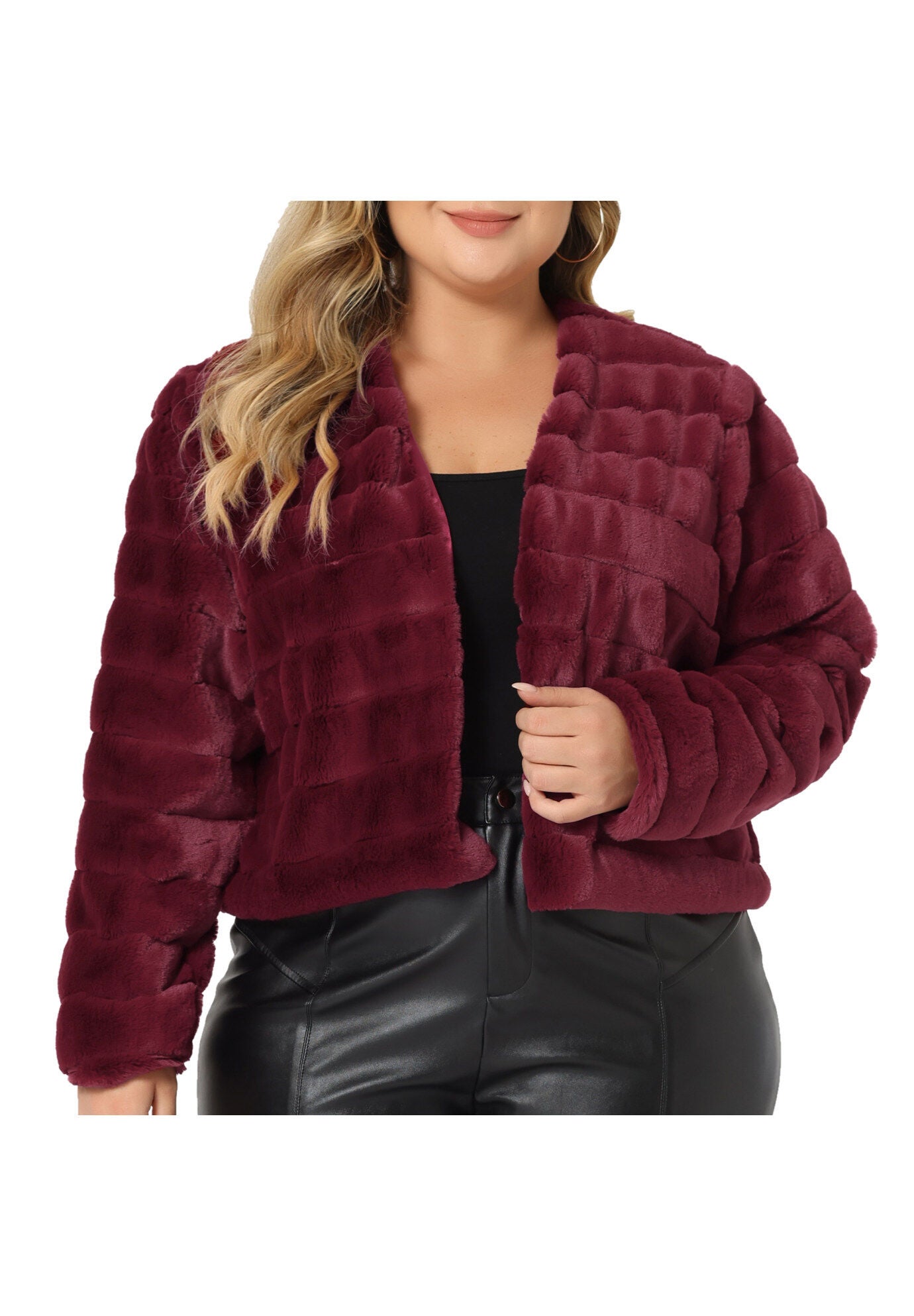 OPEN FRONT CROPPED FAUX FUR WINTER FLUFFY JACKET, Burgundy / Red, alternate image number 3