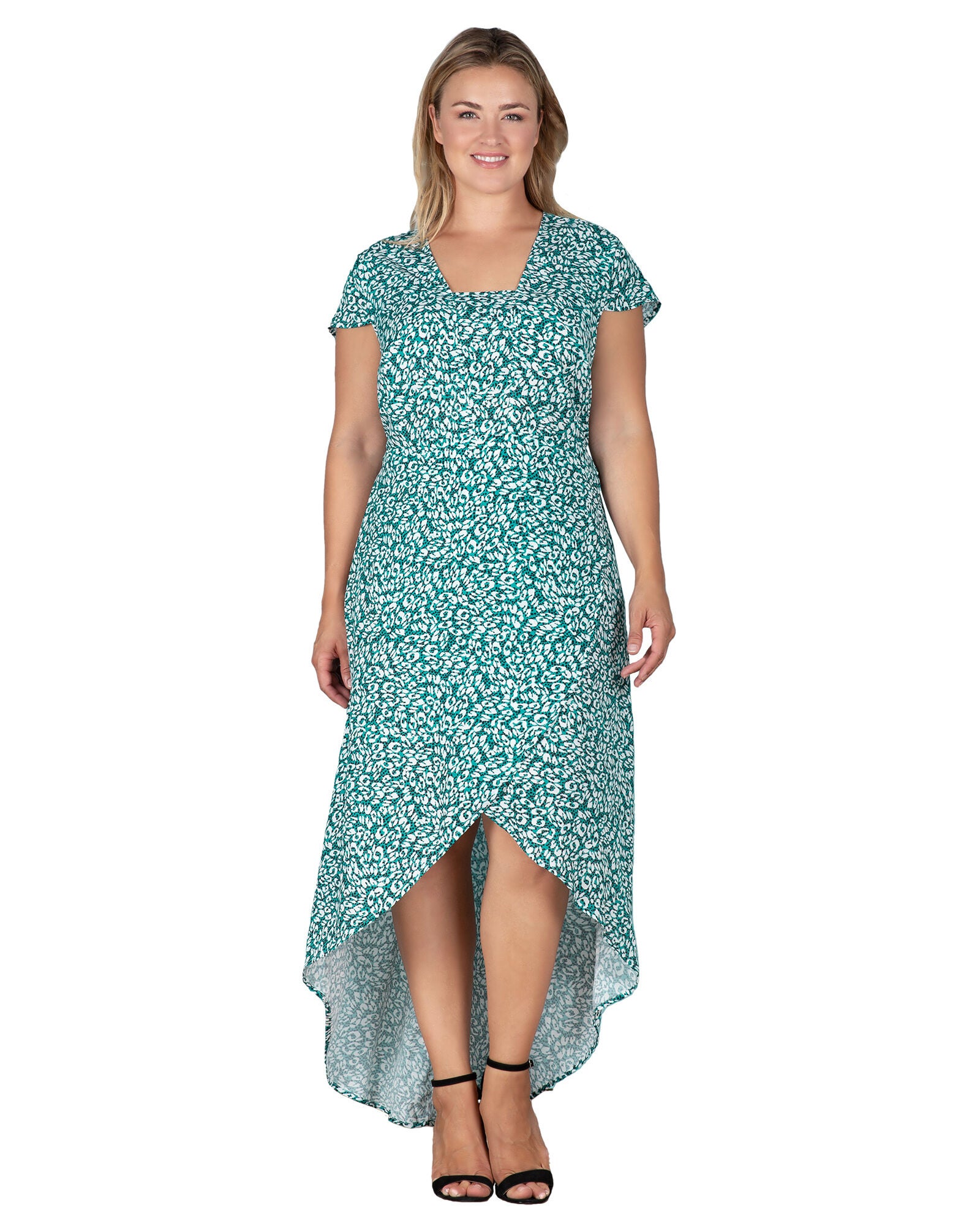 Standards & Practices Cap Sleeve High-Low Tulip Dress, GREENLEOPARD / Hunter Green, hi-res image number 0