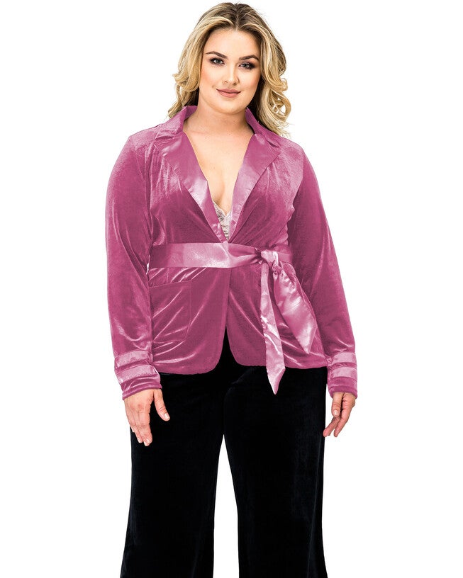 Plus Size Lottie Stretch Velvet Wrap Smoking Jacket With Satin Lapel And Satinbelt, Rose / Magenta, hi-res image number 0