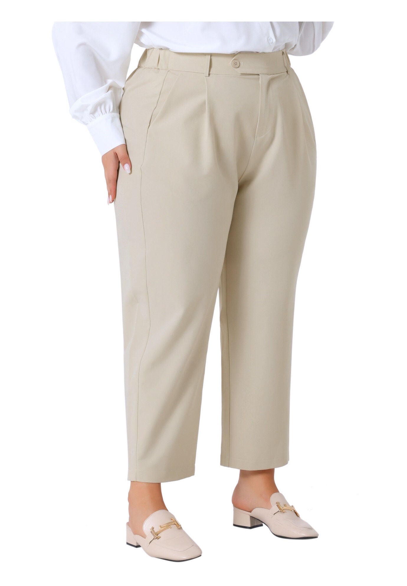 ELASTIC HIGH WAISTED LONG STRAIGHT BUSINESS CASUAL TROUSERS, Light Khaki / Beige, alternate image number 2