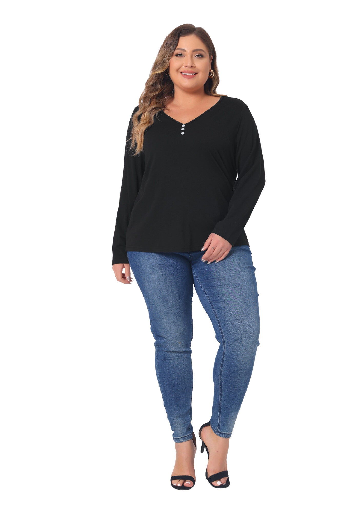 Casual Top Button Front Long Sleeve Tee, Black / Black, hi-res image number 0