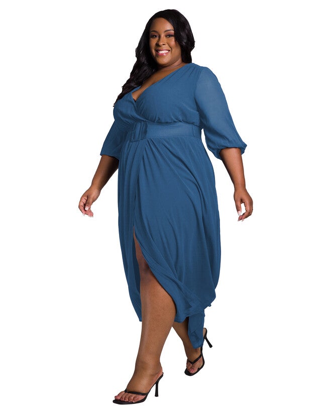 Tida Women's Plus Size Belted Surplice Maxi Dress, Artic Blue / Navy, alternate image number 4