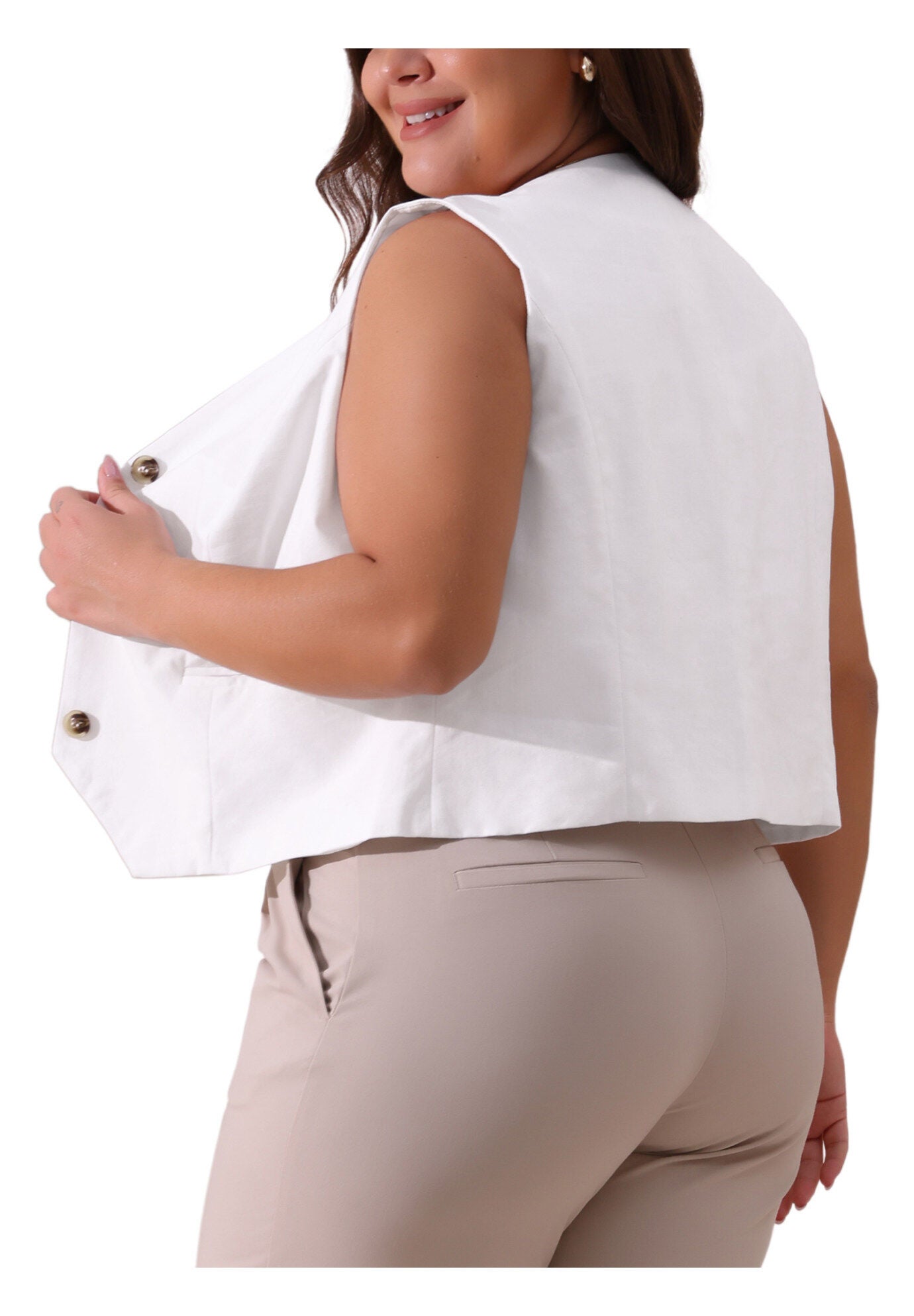 Linen Waistcoat Sleeveless Lined Vest Jacket, White / White, alternate image number 3