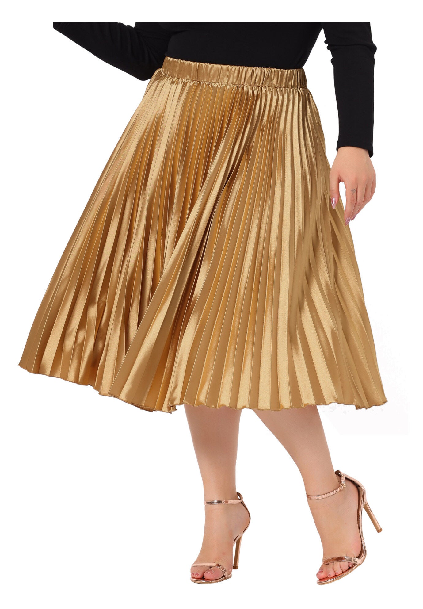 Elastic High Waist Metallic Shiny Accordion Pleated Midi Skirt, Gold / Gold, alternate image number 2
