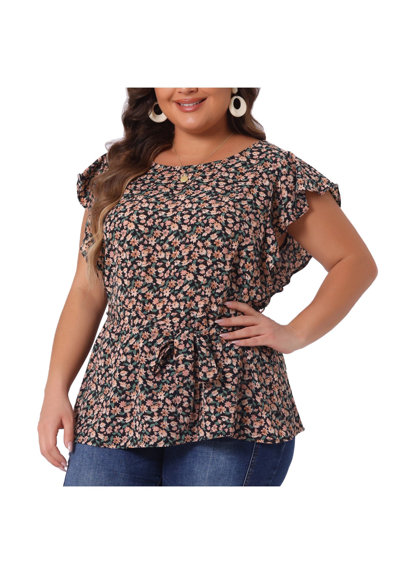 Summer Top Floral Tie Waist Short Sleeves Casual Blouse, Black Orange / Orange, alternate image number 1