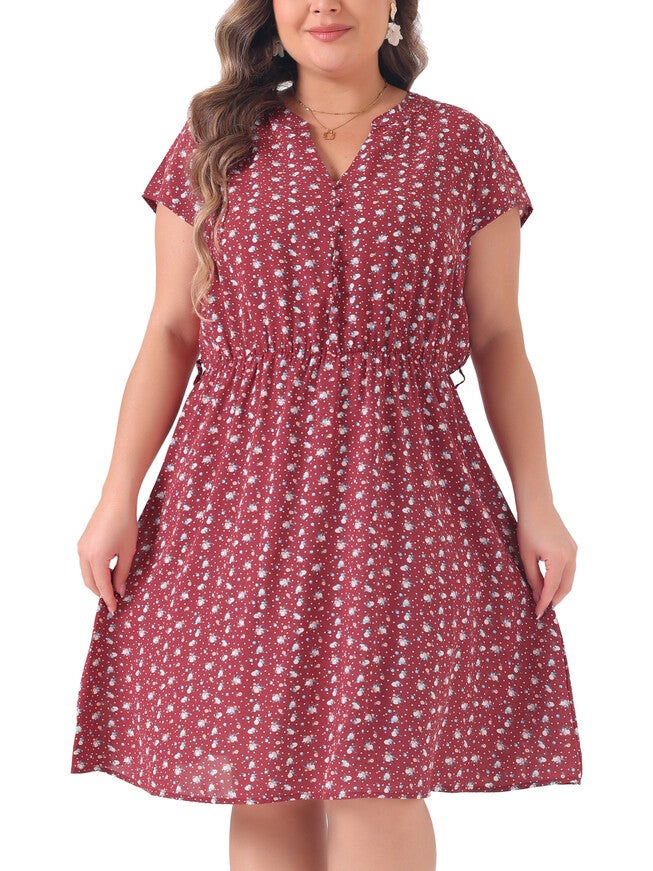 V Neck Belted Summer Floral Dress, Red / Red, alternate image number 1