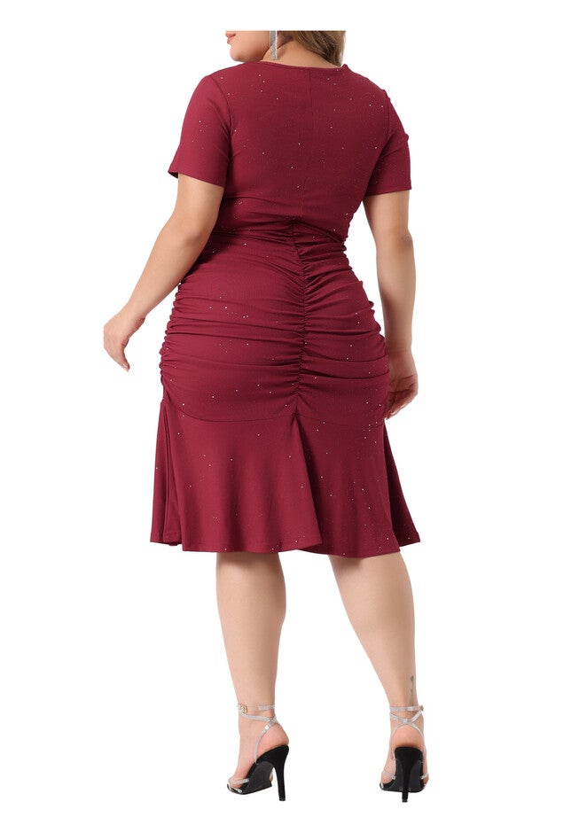 V Neck Short Sleeve Sequin Ruched Elegant Party Cocktail Dress, Burgundy / Burgundy, alternate image number null