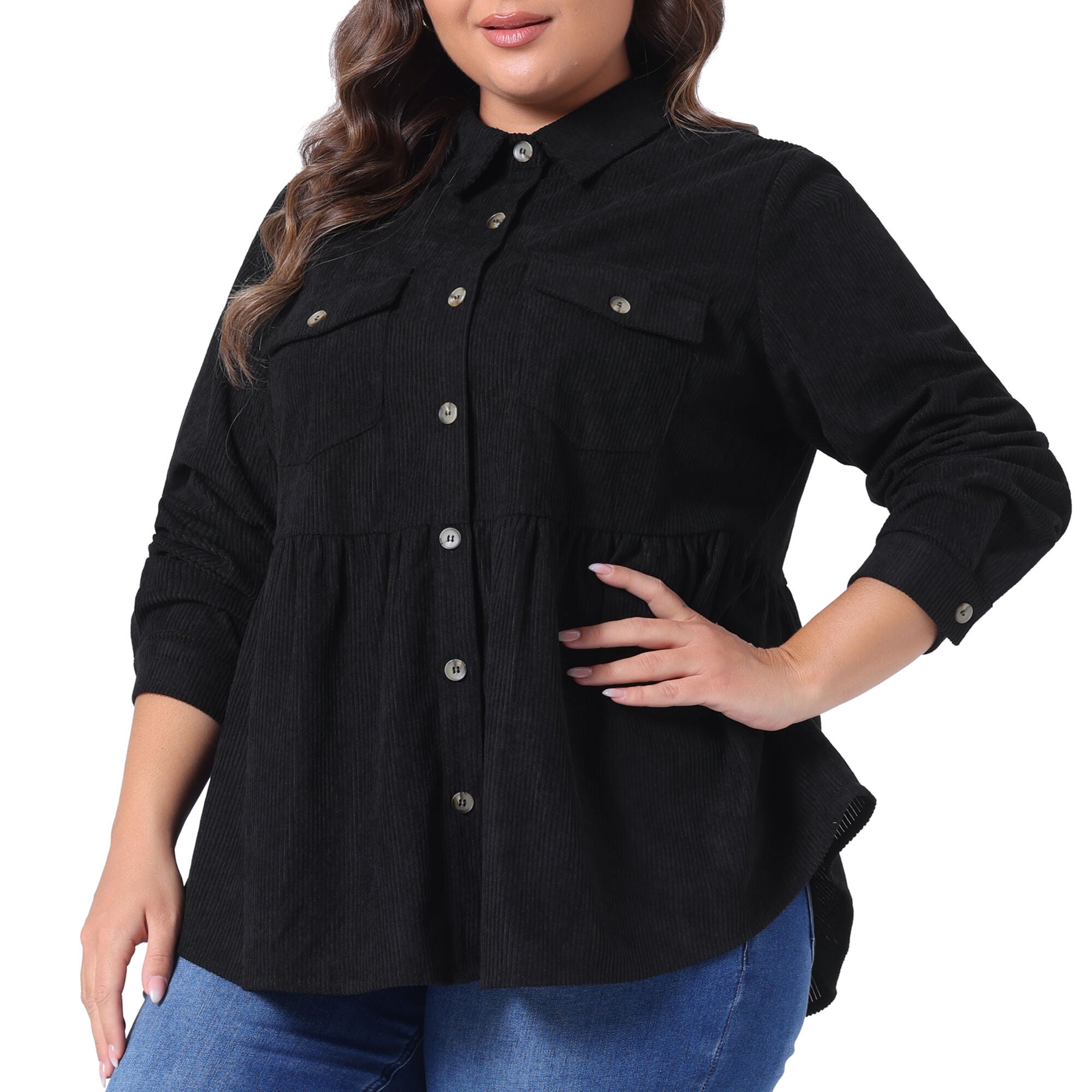 Peplum Button Down with Pockets Corduroy Shirt, Black / Black, alternate image number 1