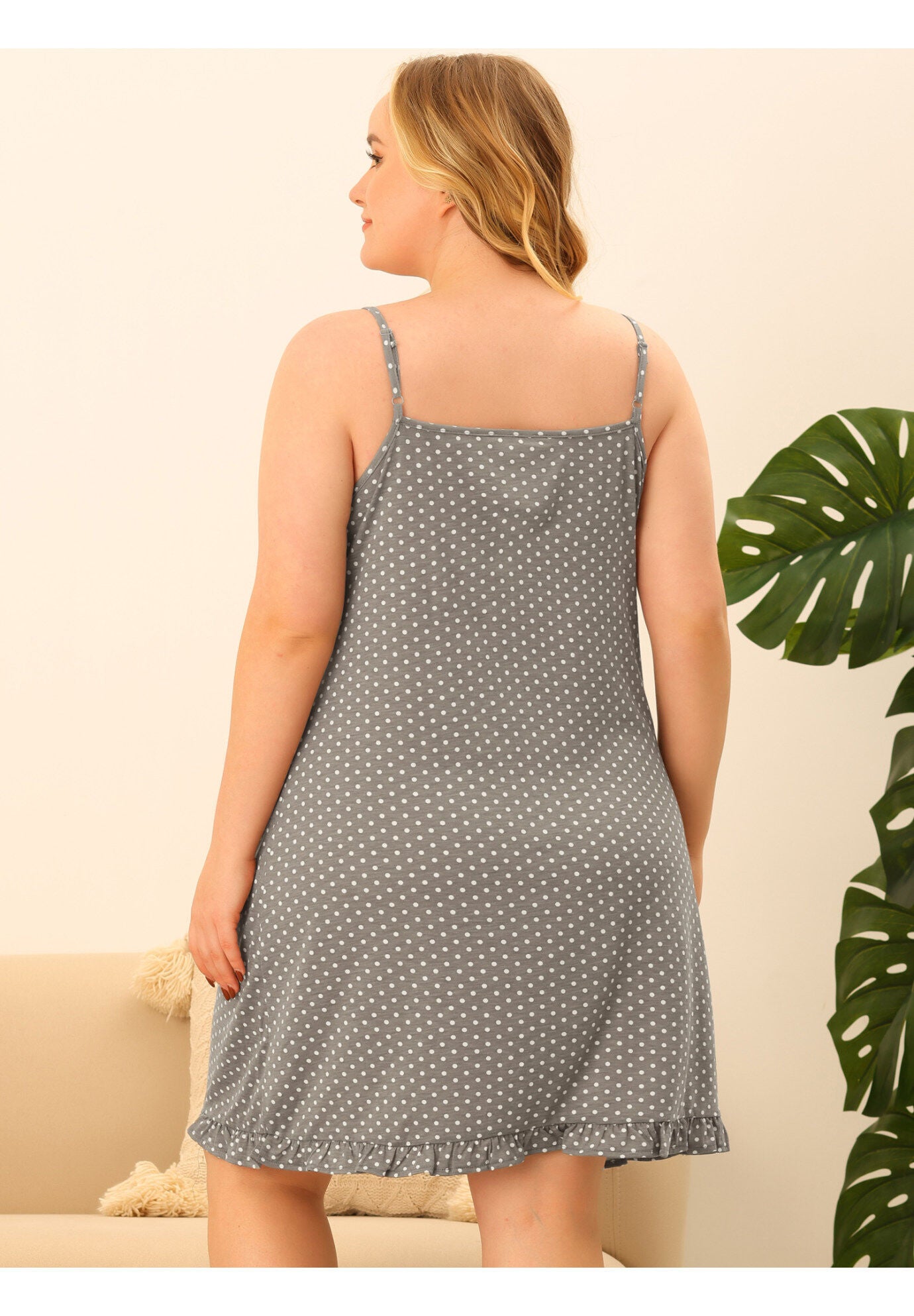 Sleeveless Polka Dots Ruffle Hem Cami Sleepwear Dress, Gray / Light Grey, alternate image number 3