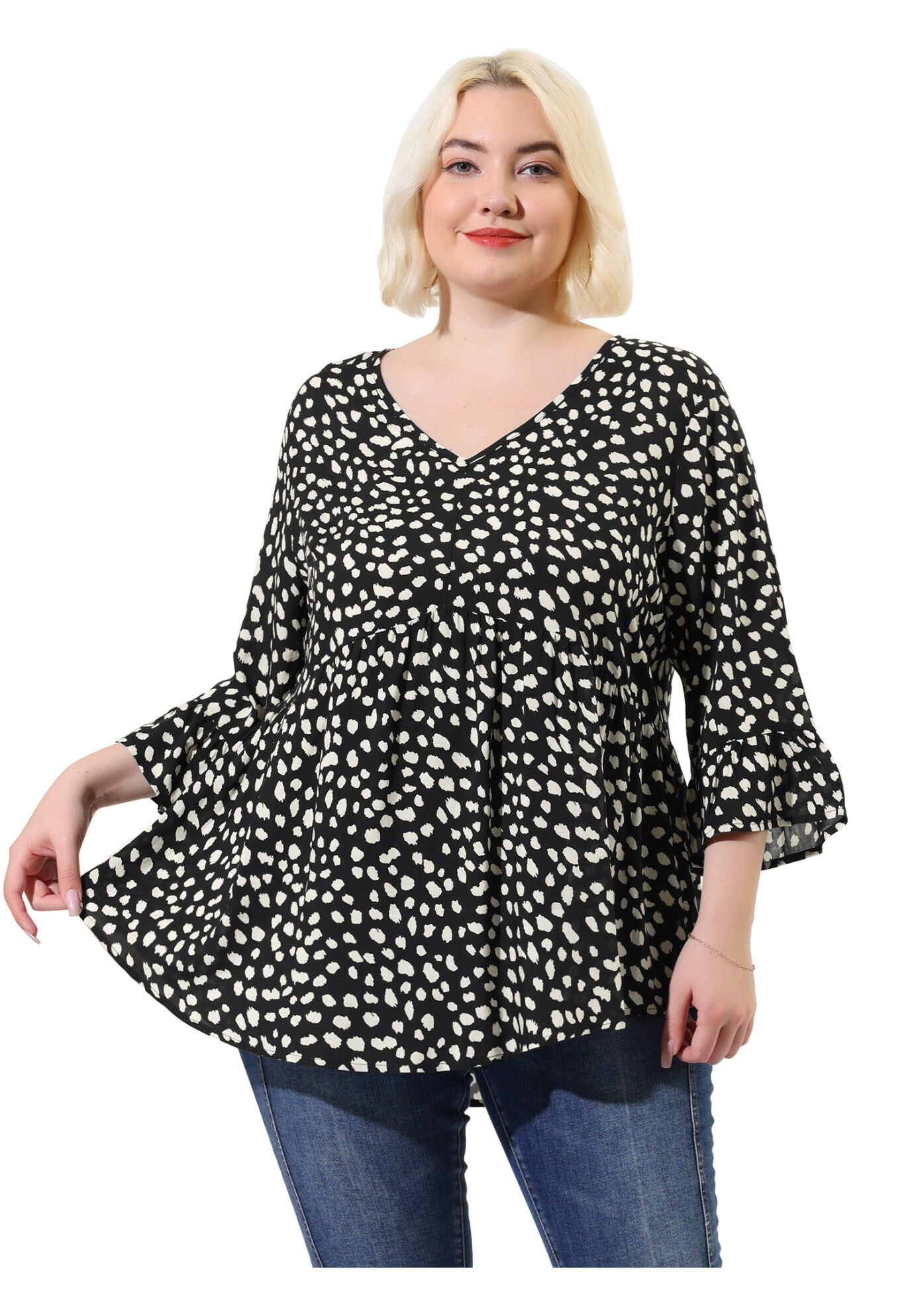 Polka Dots Blouse 3/4 Ruffle Sleeve Peplum Top, Black / Black, alternate image number 3
