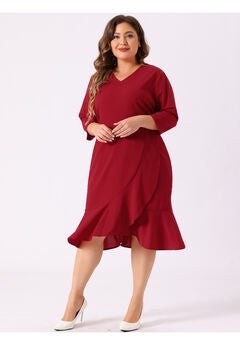Ruffled 3/4 Sleeve Office Work Cocktail Wrap Dress