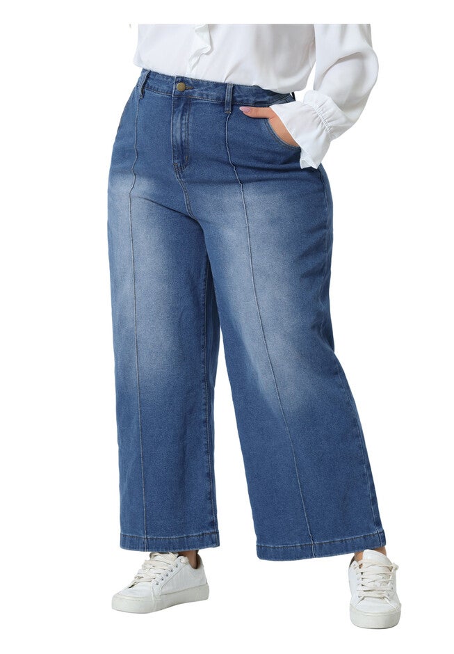 WIDE LEG BAGGY WASHED STRETCH DENIM ANKLE JEANS, Mid Blue / Light Blue, alternate image number 4