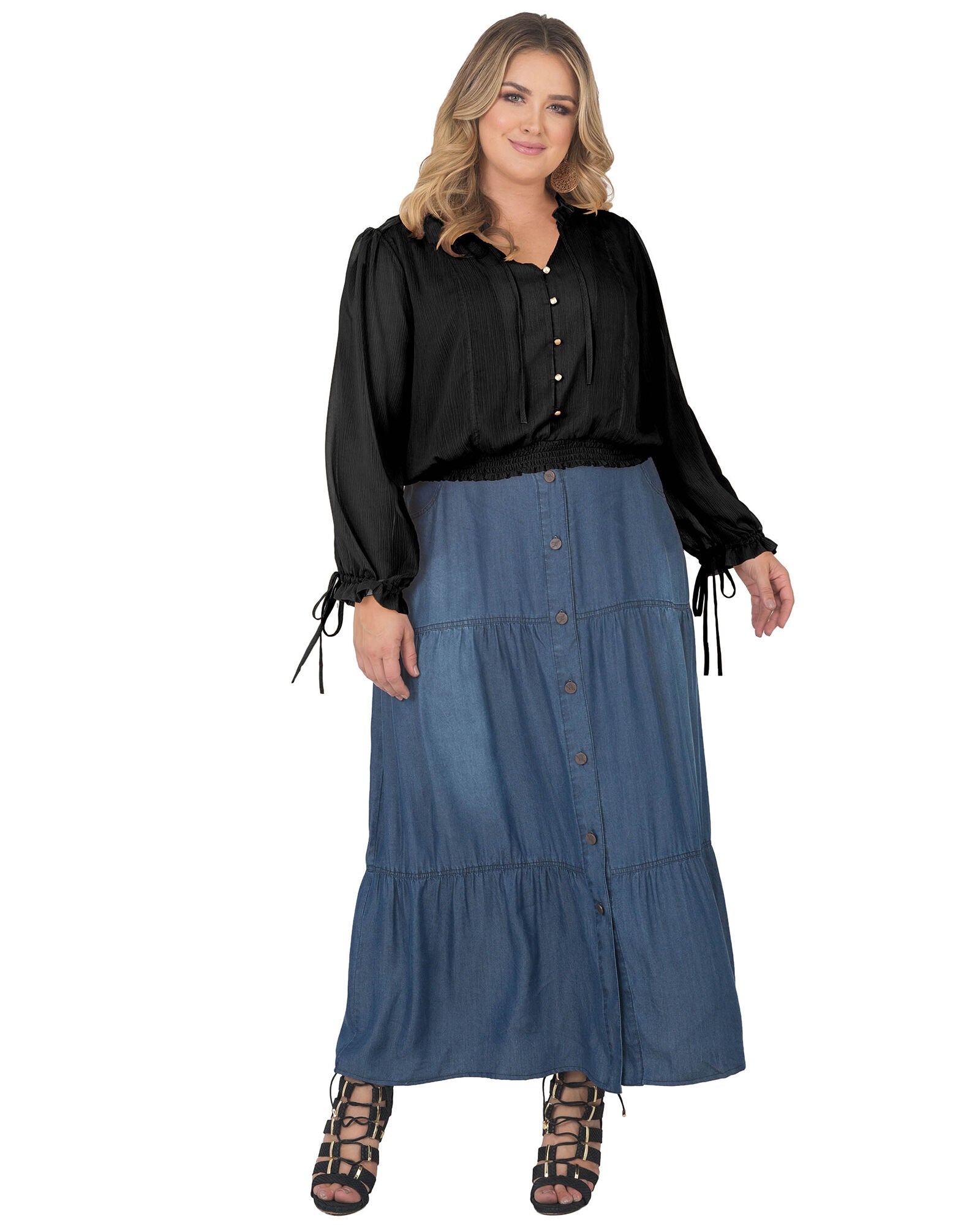 Plus Size Jessica Chiffon Tie-Neck Long Sleeve Prairie Top, Black / Black, alternate image number 2
